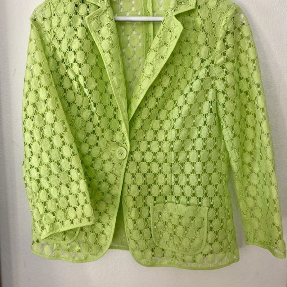 Chico's Jacket Lime Green Lace Cut Out Sheer Button Up 3/4 Sleeves - Picture 6 of 16